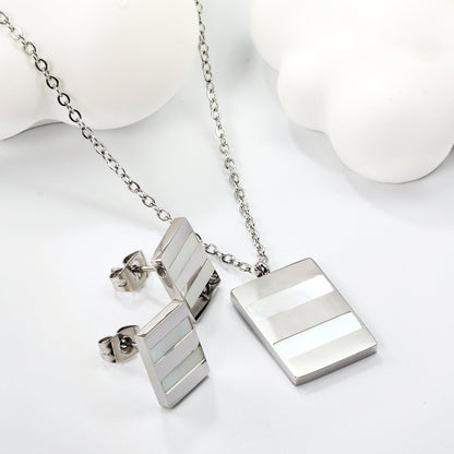 Rectangle Sticky White Shell Set Steel/Gold Earrings:9*12mm Pendant:13.5*18mm 04 Cross 45+5cm+6mm Round Plaque