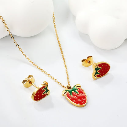 ???Strawberry with red oil drip accessories Set Steel color/golden 0.3 cross 40+5+6mm round plate Pendant: 10.7*13.5mm Earrings: 9*10mm