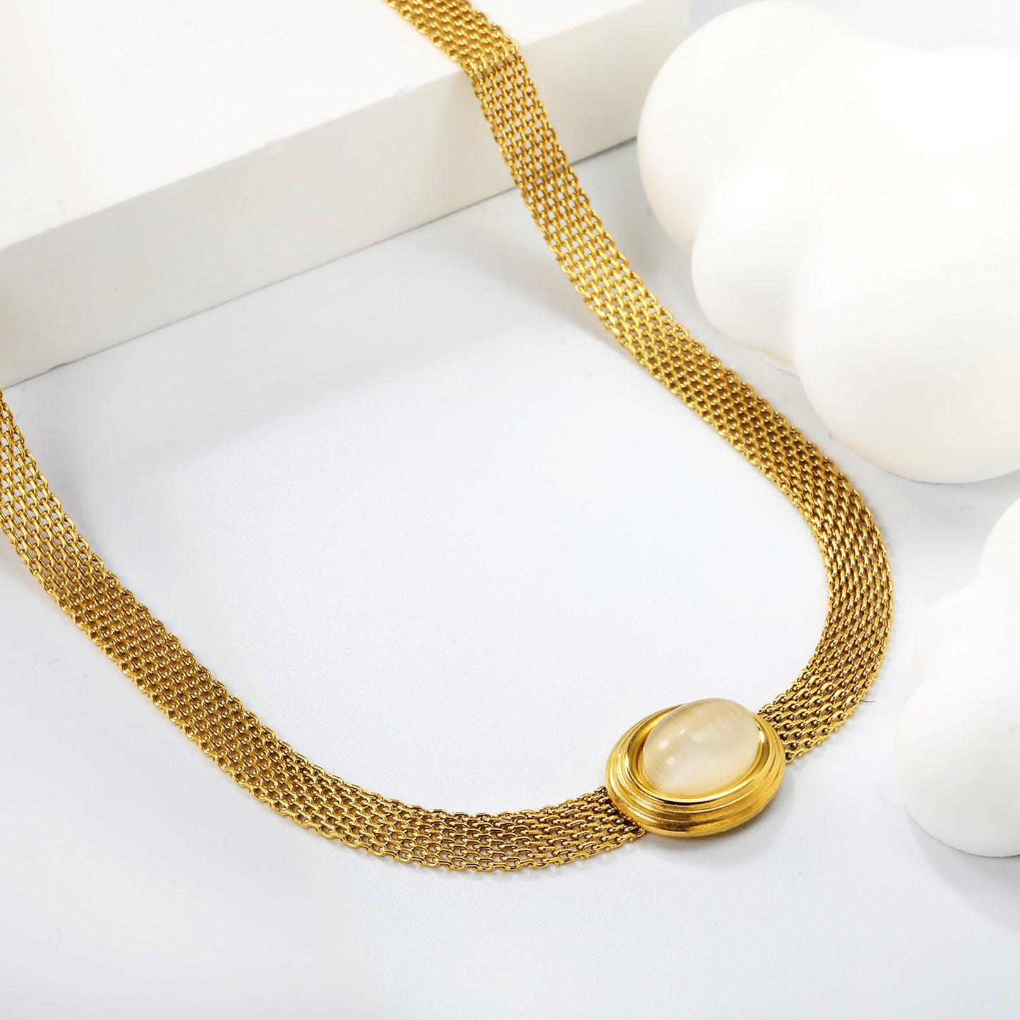 14*17mm Oval with white cat's eye/tiger eye pendant Thick 1*Wide 6mm Mesh Chain 40+5cm+6mm Round Necklace Golden