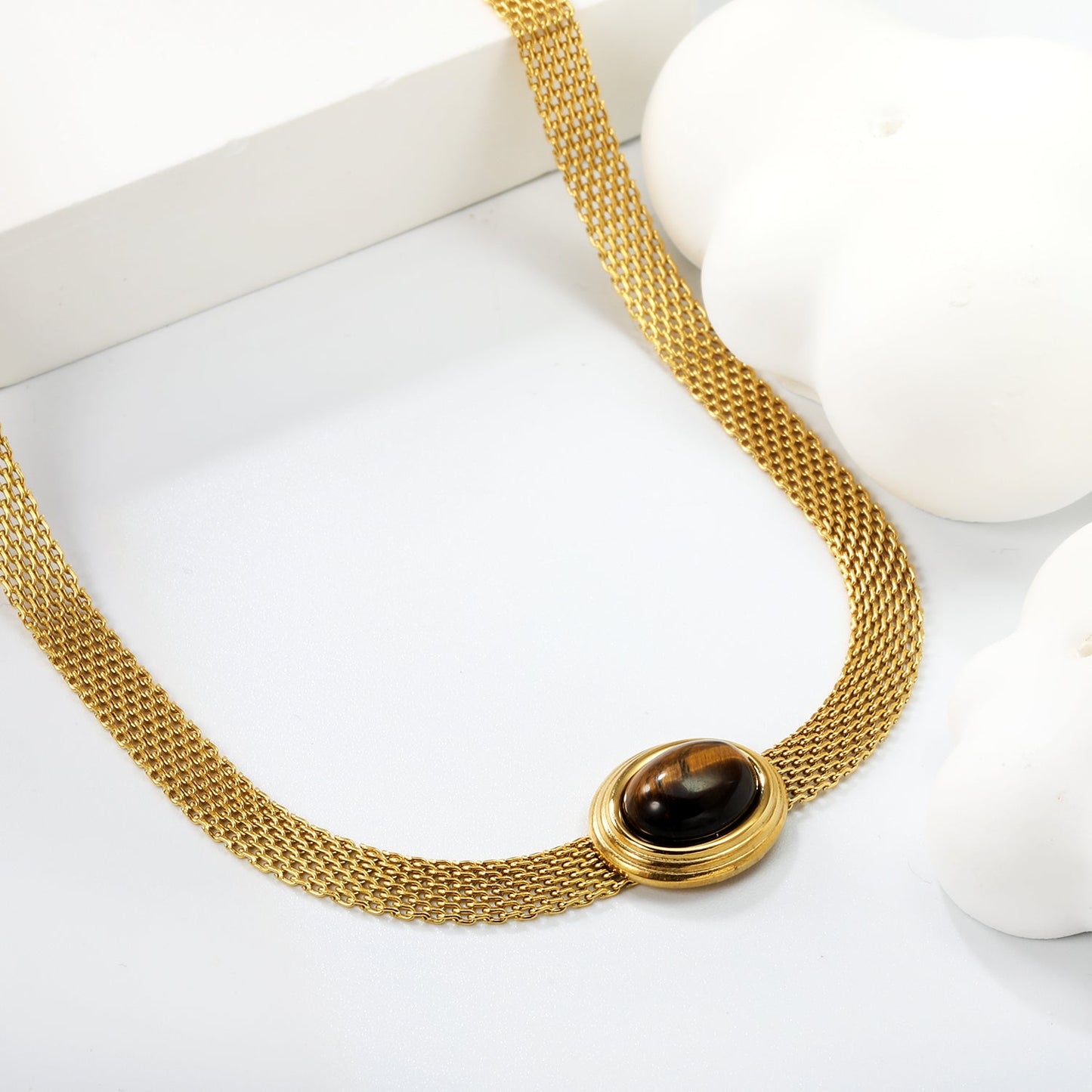 14*17mm Oval with white cat's eye/tiger eye pendant Thick 1*Wide 6mm Mesh Chain 40+5cm+6mm Round Necklace Golden