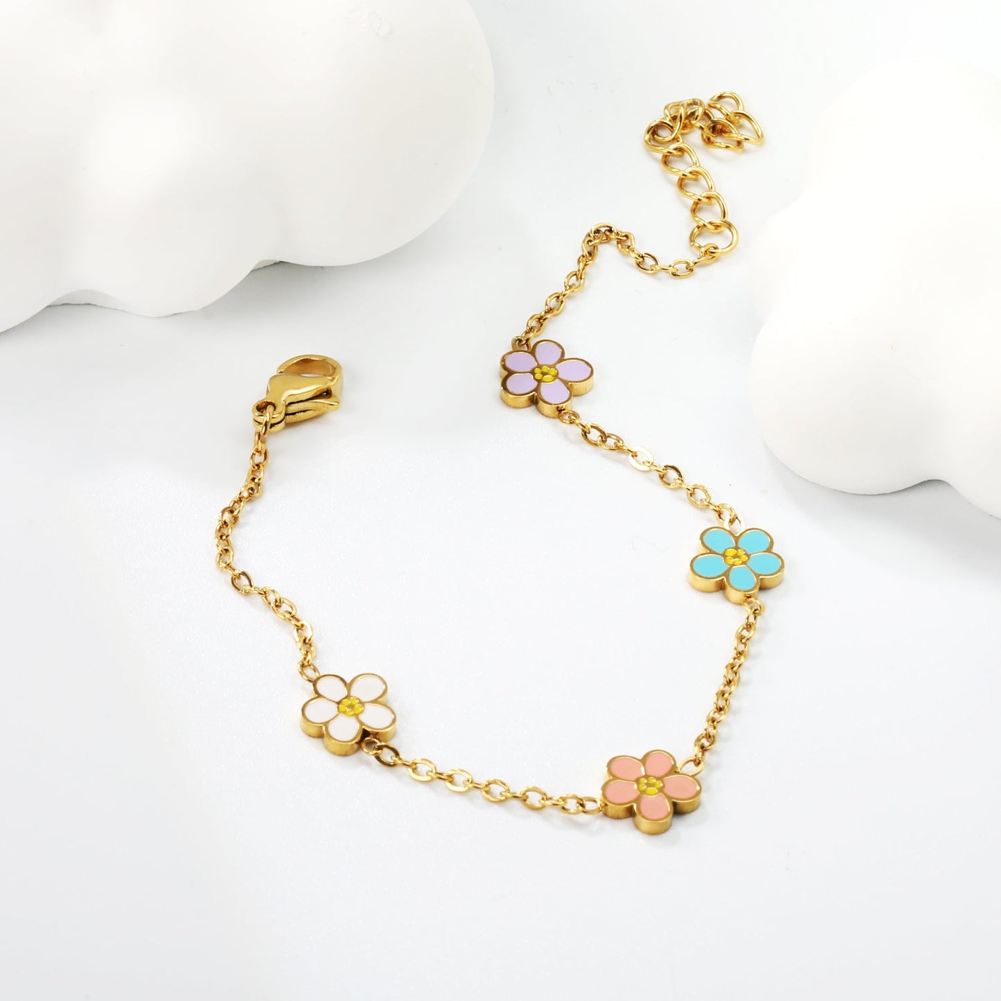 7.5mm Mixed Color Oil Drip Flower Bracelet 16+3cm Golden