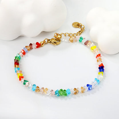 3.5mm Diamond Triangle Mixed Color Stone Bracelet 18+3cm+6mm Round Plaque Gold Color
