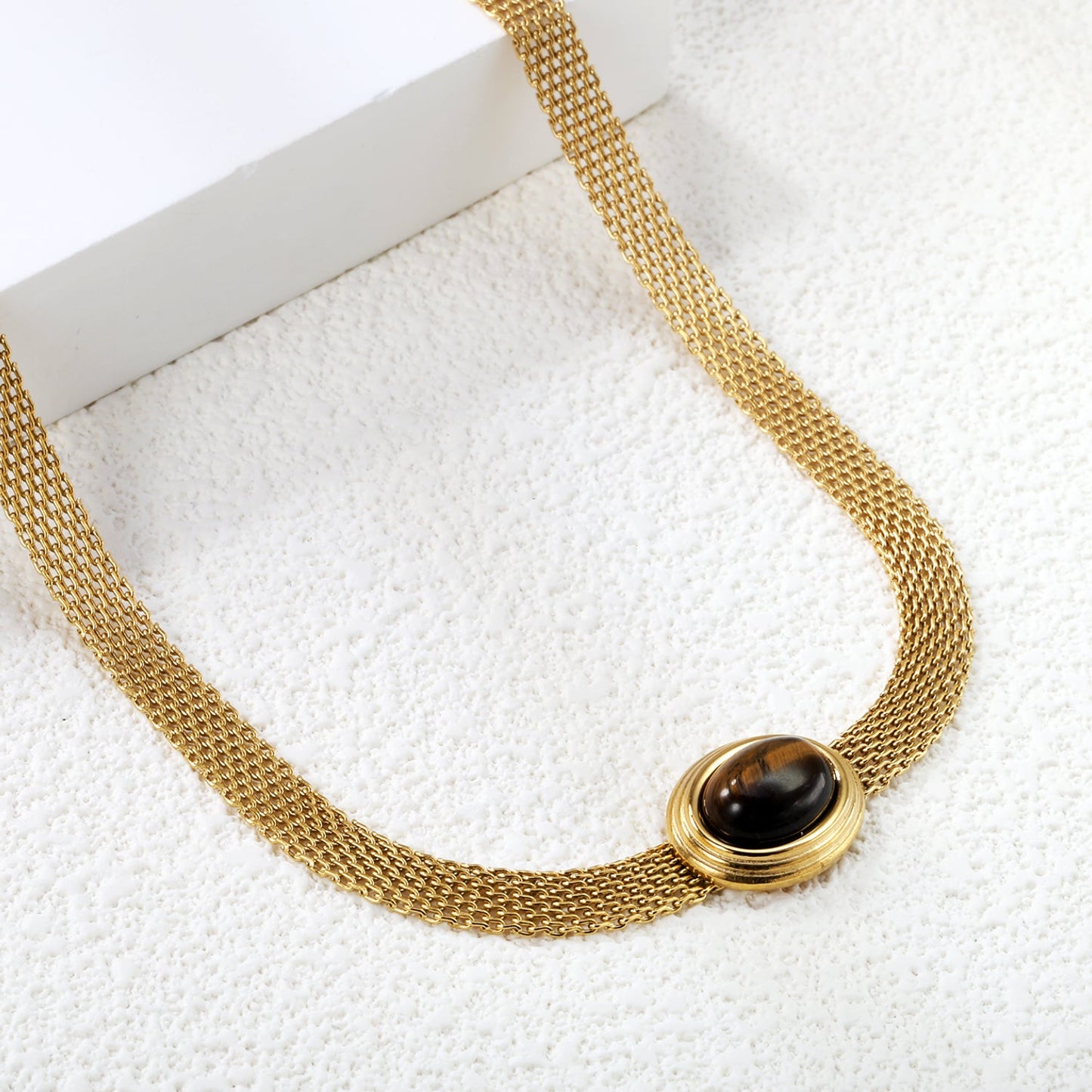 14*17mm Oval with white cat's eye/tiger eye pendant Thick 1*Wide 6mm Mesh Chain 40+5cm+6mm Round Necklace Golden