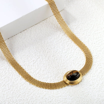 14*17mm Oval with white cat's eye/tiger eye pendant Thick 1*Wide 6mm Mesh Chain 40+5cm+6mm Round Necklace Golden