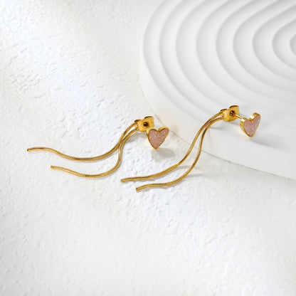 7.2*6.9mm Pink Drops Peach Heart + 0.9*40mm Round Snake Chain Tassel Earrings Gold
