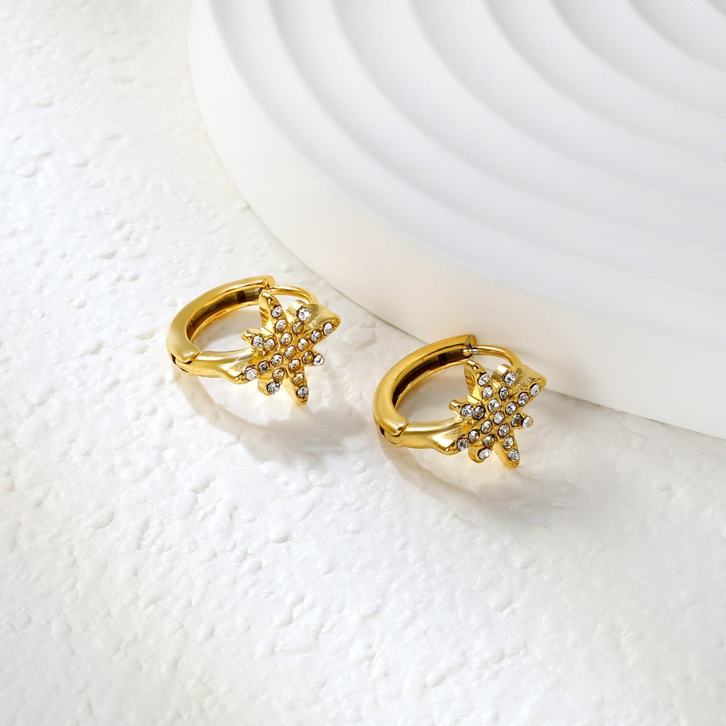 10.9mm eight-pointed star imitation white Czech crystal earring with 2.2mm earring post and 10mm inner diameter, gold-colored