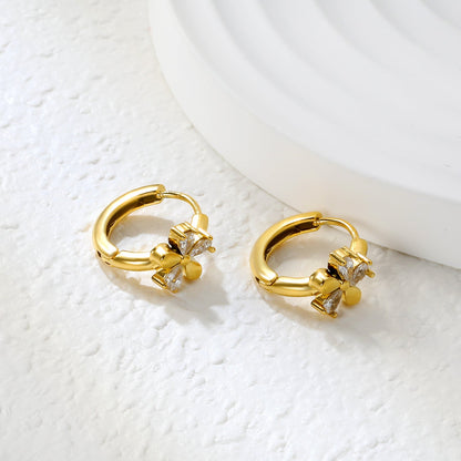8mm flower-shaped earring with three white zirconia stones, 2.2mm post, and a 10mm inner diameter, gold color