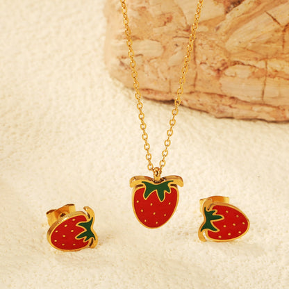 ???Strawberry with red oil drip accessories Set Steel color/golden 0.3 cross 40+5+6mm round plate Pendant: 10.7*13.5mm Earrings: 9*10mm