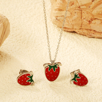 ???Strawberry with red oil drip accessories Set Steel color/golden 0.3 cross 40+5+6mm round plate Pendant: 10.7*13.5mm Earrings: 9*10mm