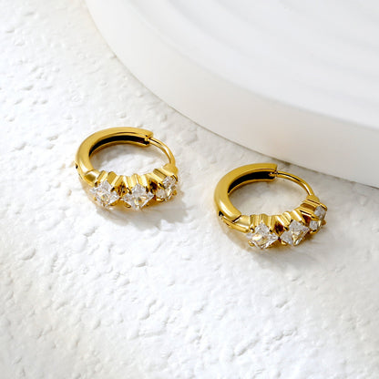 4.1 x 11.7mm three square white zirconia stud earrings with a 2.2mm post and a 10mm inner diameter, gold-colored