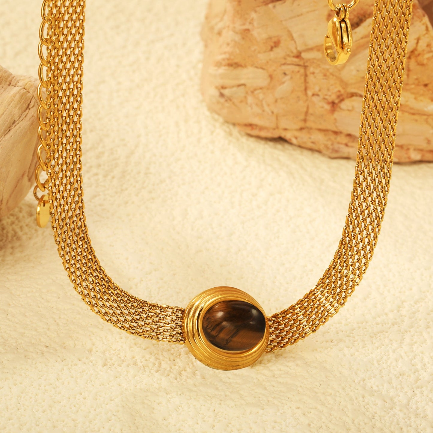 14*17mm Oval with white cat's eye/tiger eye pendant Thick 1*Wide 6mm Mesh Chain 40+5cm+6mm Round Necklace Golden