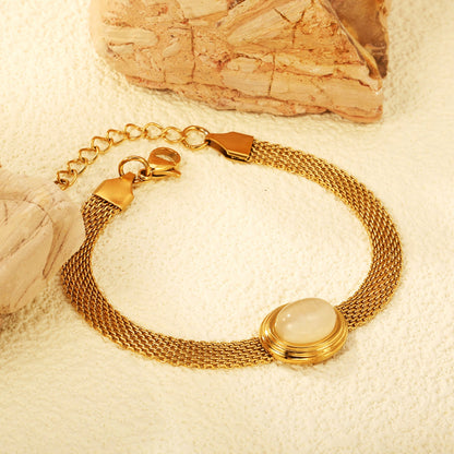 14*17mm oval with white cat's eye/tiger's eye stone fittings Thick 1*Wide 6mm mesh chain 18+3cm+6mm round plaque Bracelet Gold color