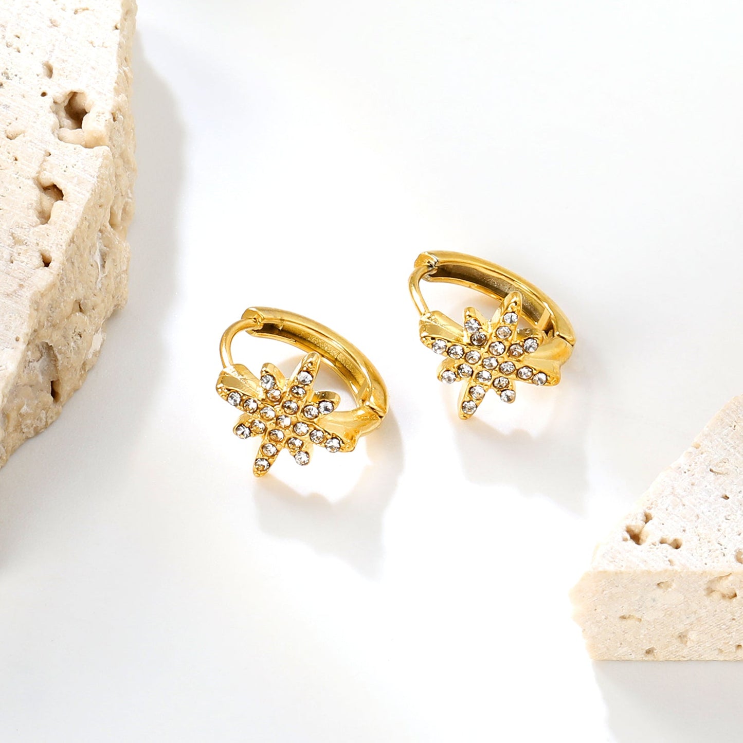 10.9mm eight-pointed star imitation white Czech crystal earring with 2.2mm earring post and 10mm inner diameter, gold-colored
