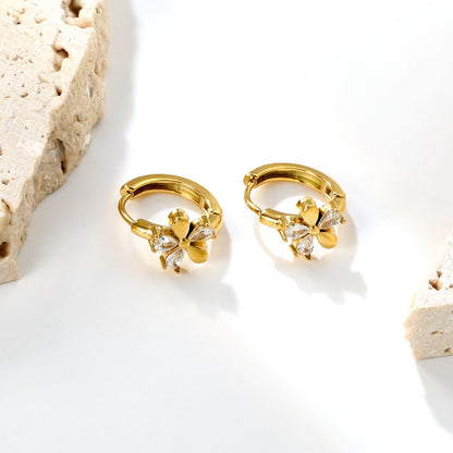 8mm flower-shaped earring with three white zirconia stones, 2.2mm post, and a 10mm inner diameter, gold color