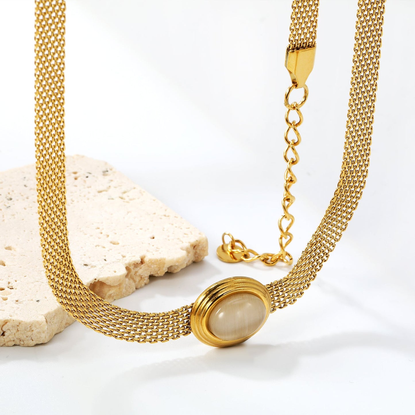 14*17mm Oval with white cat's eye/tiger eye pendant Thick 1*Wide 6mm Mesh Chain 40+5cm+6mm Round Necklace Golden