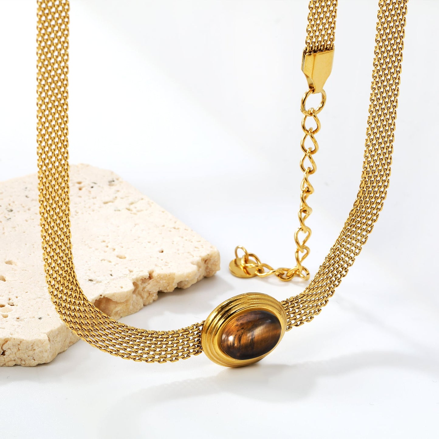 14*17mm Oval with white cat's eye/tiger eye pendant Thick 1*Wide 6mm Mesh Chain 40+5cm+6mm Round Necklace Golden