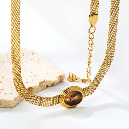 14*17mm Oval with white cat's eye/tiger eye pendant Thick 1*Wide 6mm Mesh Chain 40+5cm+6mm Round Necklace Golden