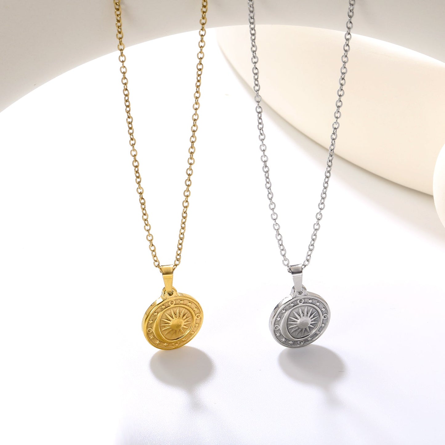 15.4mm Sun Moon Star Compass Pendant 45+5+6mm Necklace Steel/Golden