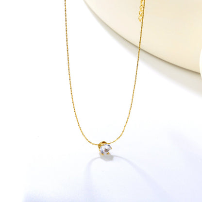 5mm Six Claws Round White Diamond Pendant 40+5cm+6mm Round Tail Plaque Necklace Steel/Golden