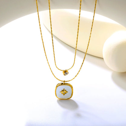 5mm cylindrical white diamond + 16mm square white diamond and white shell 0.9 hammer square chain 50+40+5cm + 6mm round tail tag double chain necklace gold