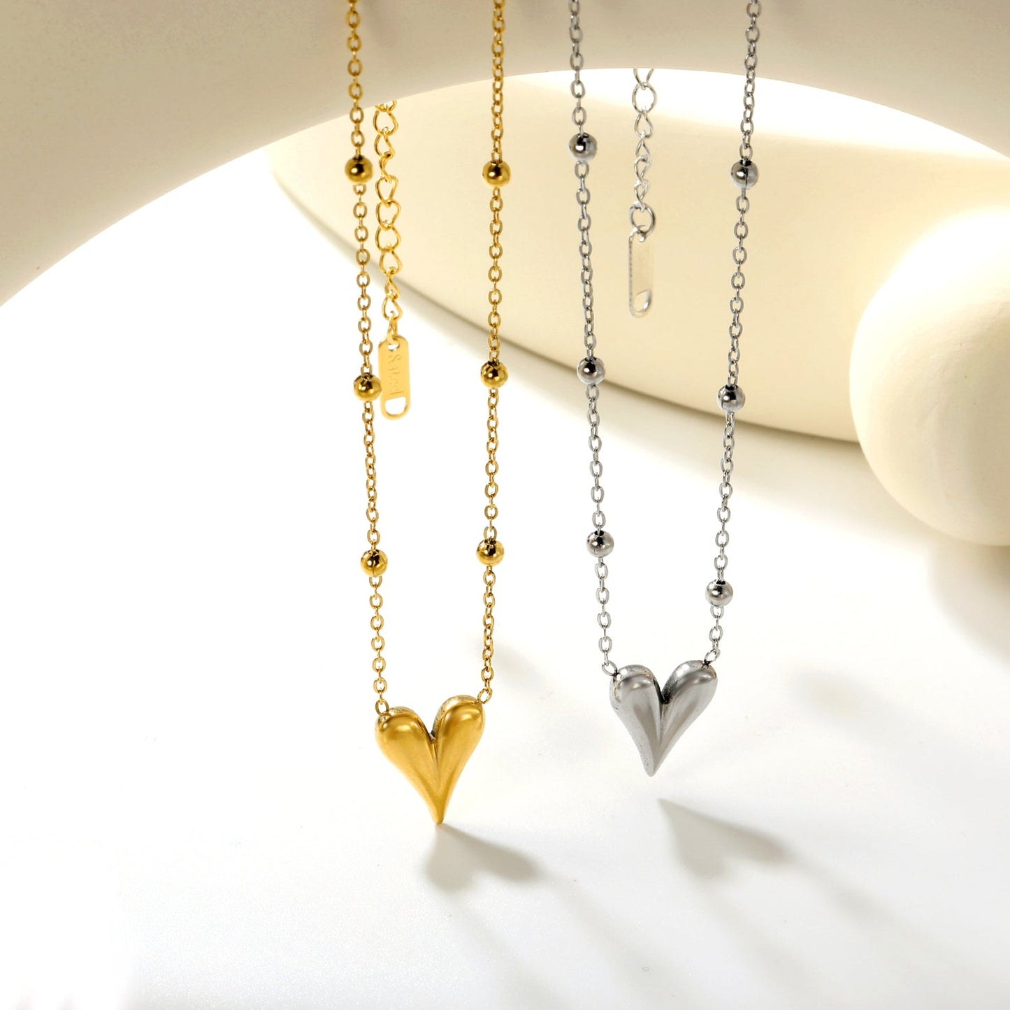 12*14.3mm Heart Pendant 42+5cm+11.2*3.7mm Square Tail Plaque Necklace Steel/Golden