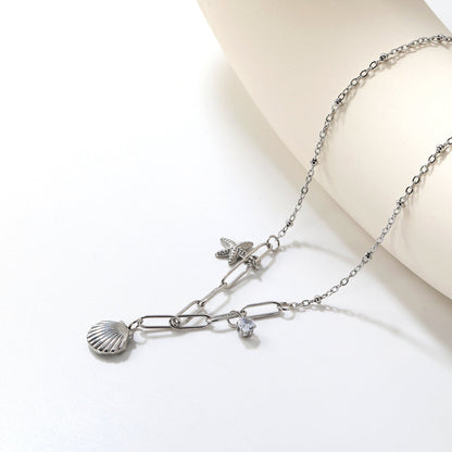 10.2*10.7mm shell+9*12.7mm starfish+4.2mm cylindrical white diamonds 42+5cm+10*3cm necklace steel/golden