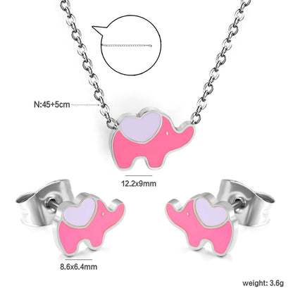8.6*6.4mm small elephant with pink oil drop earrings +12.2*9mm pendant set cross 0.3mm*45+5cm+6mm round plate steel color / gold color