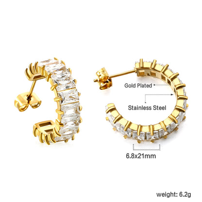 C-Shape with Two Grips Rectangle White/Purple/Green/Orange/Mixed/Pink Zirconium Earrings 6.8*21mm Steel Color/Golden Color
