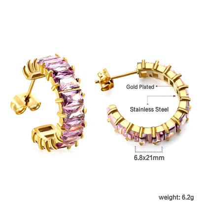 C-Shape with Two Grips Rectangle White/Purple/Green/Orange/Mixed/Pink Zirconium Earrings 6.8*21mm Steel Color/Golden Color