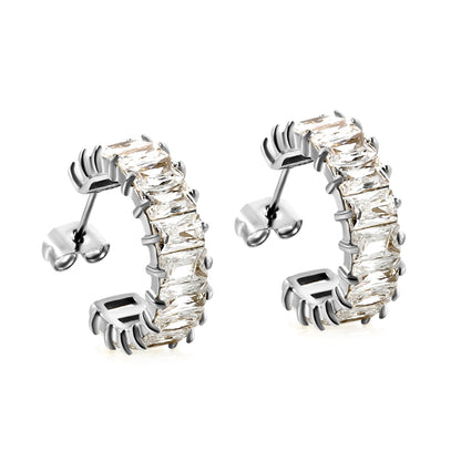 C-Shape with Two Grips Rectangle White/Purple/Green/Orange/Mixed/Pink Zirconium Earrings 6.8*21mm Steel Color/Golden Color