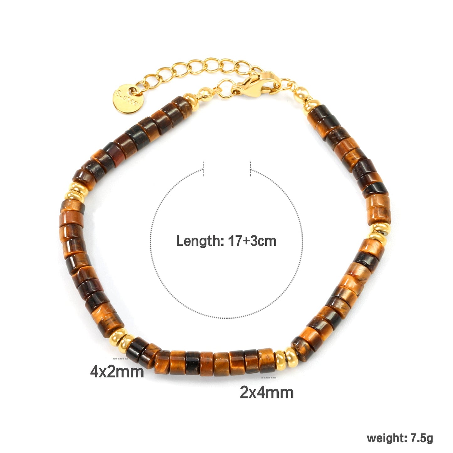 2.8*4.5 Cylindrical Tiger's Eye/Zi Yuandan/Indian Agate/Emperor's Pine/Shoushan Stone+4*2mm Round Flat Steel Beads Bracelet 17+3cm+6mm Round Plaque Gold Color