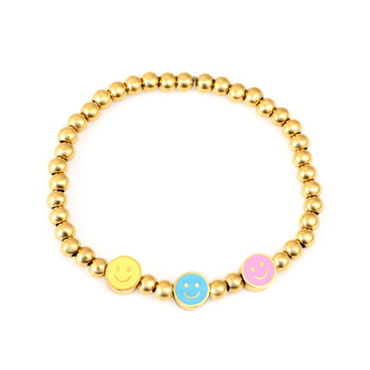 6.6mm Mixed Color Round Smiley Accessories + 4*3mm Steel Beads 15cm Bracelet Golden