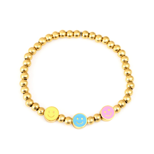 6.6mm Mixed Color Round Smiley Accessories + 4*3mm Steel Beads 15cm Bracelet Golden