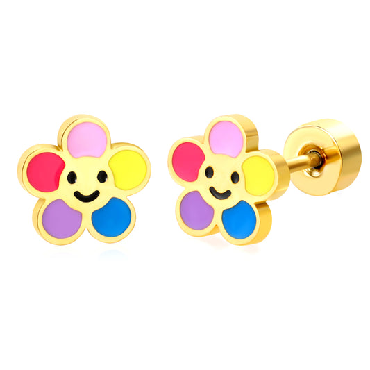 Thick 1.2*6.6mm Colorful Flower Oil Drop 0.8*9mm Pin Screw Earrings Golden