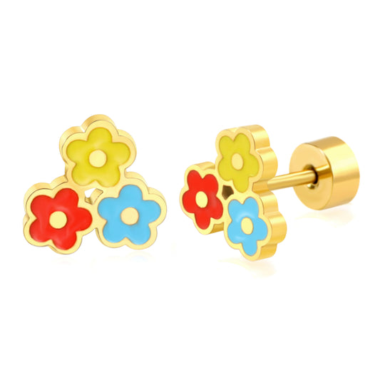 Thick 1.2*7.4mm Three Flowers Oil Drop 0.8*9mm Pin Screw Plug Earrings Gold Color