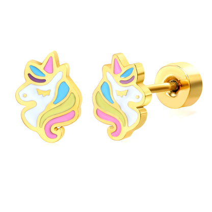 Thick 1.2*5.3*7.3mm Unicorn oil drip 0.8*9mm pin Screw plug earrings gold color