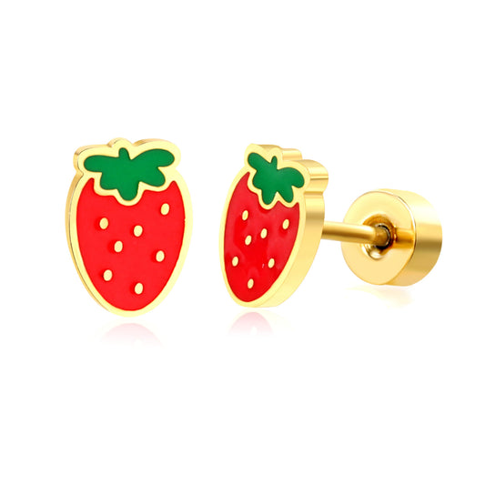 Thick 1.2*4.6*6.6mm Strawberry Oil Drop 0.8*9mm Pin Screw Earring Gold Color