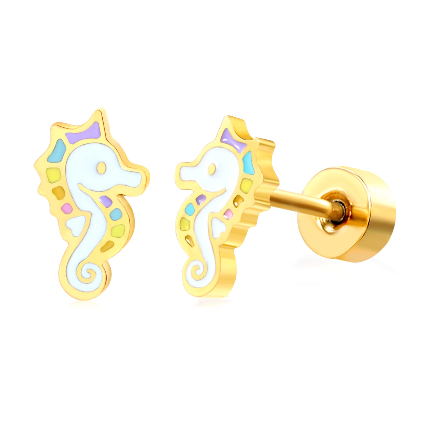 Thick 1.2*4*7.6mm seahorse oil drip (divided into left and right) 0.8*9mm pin Screw plug earrings gold color