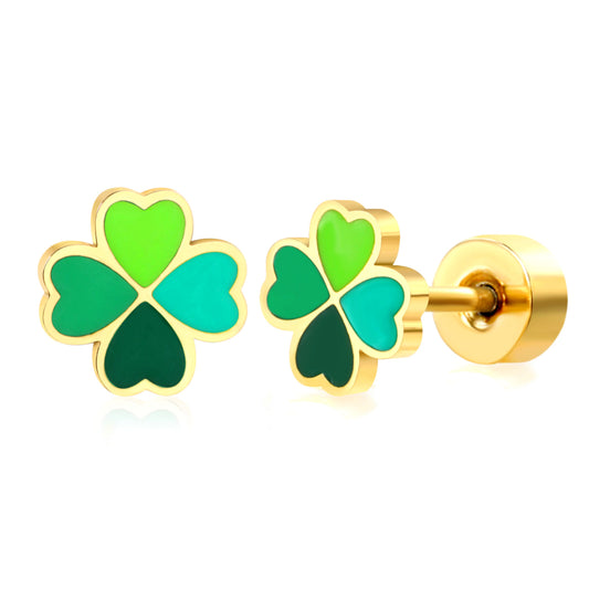 Thick 1.2*6.3mm four-leaf clover oil drip 0.8*9mm pin Screw plug earrings gold color