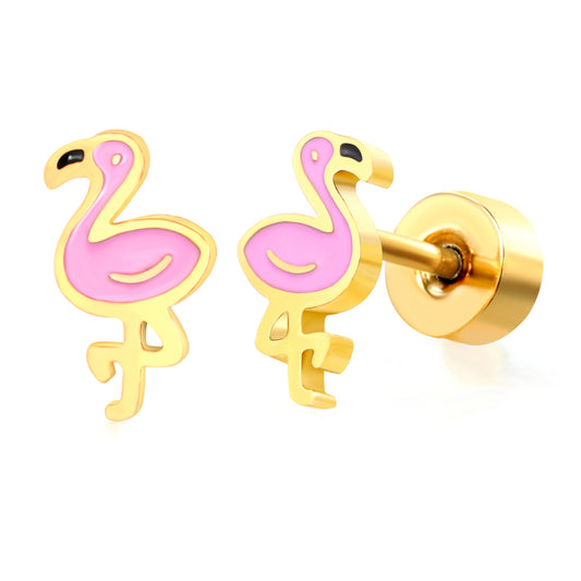 Thick 1.2*4*7.4mm flamingo oil drip 0.8*9mm pin Screw plug earrings gold color