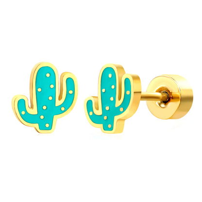 Thick 1.2*5.7*6.3mm Cactus Oil Drip 0.8*9mm Pin Screw Plug Earring Gold Color