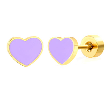 Thick 1.2*5.9*4.9mm heart shaped purple/rose/cyan oil drops 0.8*9mm pin Screw-on earrings Gold color