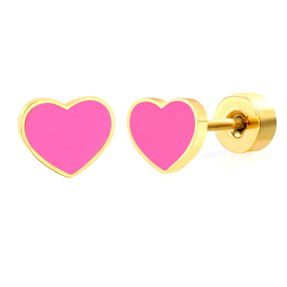 Thick 1.2*5.9*4.9mm heart shaped purple/rose/cyan oil drops 0.8*9mm pin Screw-on earrings Gold color