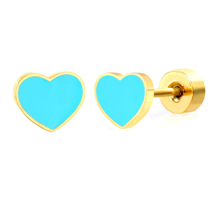 Thick 1.2*5.9*4.9mm heart shaped purple/rose/cyan oil drops 0.8*9mm pin Screw-on earrings Gold color
