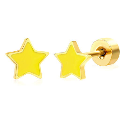 Thick 1.2*5.7mm pentagram yellow/pink/cyan oil drip 0.8*9mm pin Screw plug earrings gold color