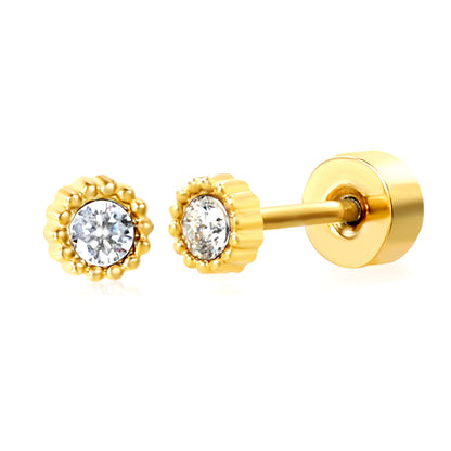 January ~ December Birthstone red / dark purple / aquamarine / white / green / light purple / rose / olive green / navy blue / pink / lemon yellow / lake blue zircon 3.4mm bead side round 0.8 * 9mm pin Screw plug earrings gold color