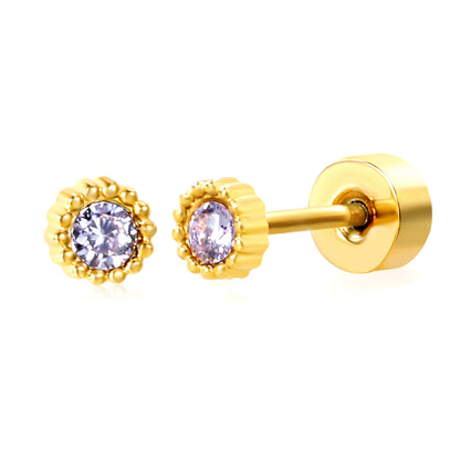 January ~ December Birthstone red / dark purple / aquamarine / white / green / light purple / rose / olive green / navy blue / pink / lemon yellow / lake blue zircon 3.4mm bead side round 0.8 * 9mm pin Screw plug earrings gold color