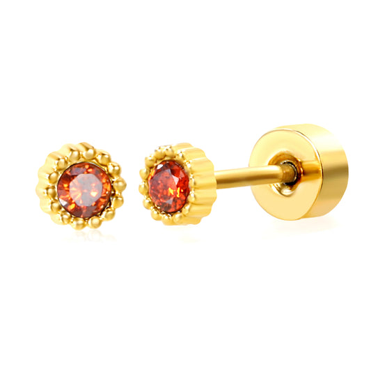 January ~ December Birthstone red / dark purple / aquamarine / white / green / light purple / rose / olive green / navy blue / pink / lemon yellow / lake blue zircon 3.4mm bead side round 0.8 * 9mm pin Screw plug earrings gold color
