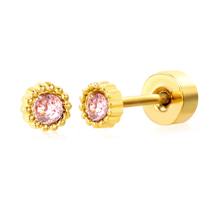 January ~ December Birthstone red / dark purple / aquamarine / white / green / light purple / rose / olive green / navy blue / pink / lemon yellow / lake blue zircon 3.4mm bead side round 0.8 * 9mm pin Screw plug earrings gold color