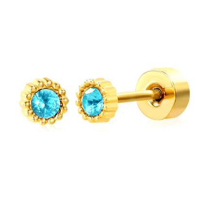 January ~ December Birthstone red / dark purple / aquamarine / white / green / light purple / rose / olive green / navy blue / pink / lemon yellow / lake blue zircon 3.4mm bead side round 0.8 * 9mm pin Screw plug earrings gold color